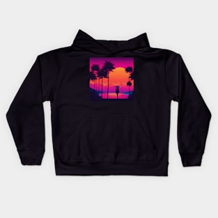 Synthwave samurai on palm lake Kids Hoodie